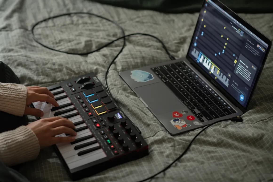 Playing along to a Melodics lesson with a MIDI keyboard and laptop